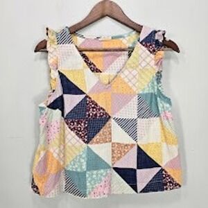 Multicolor Crop Top M Patchwork Print V-Neck Sleeveless Ruffle Trim Boho Hippie